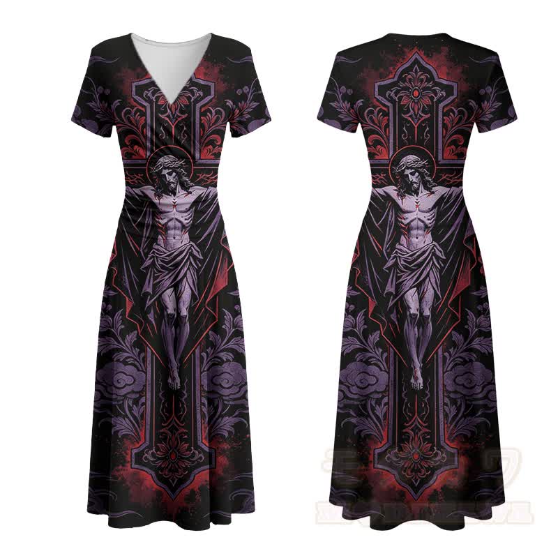 Modakawa Maxikleid mit gotischem Figurenkreuz-Motiv und V-Ausschnitt - Schwarz - 4XL - image 2