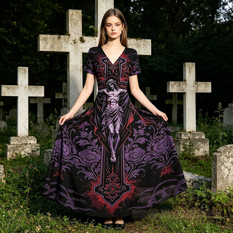 Modakawa Maxikleid mit gotischem Figurenkreuz-Motiv und V-Ausschnitt - image 1