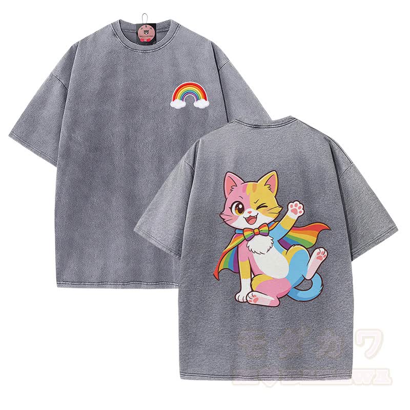 Niedliches Modakawa Vintage-T-Shirt mit Regenbogenkatzen-Motiv aus 100 % Baumwolle (gewaschen). - Grau - 5XL - image 2