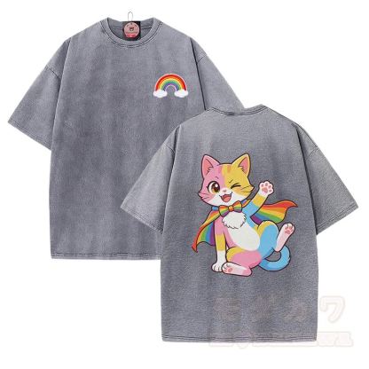 Niedliches Modakawa Vintage-T-Shirt mit Regenbogenkatzen-Motiv aus 100 % Baumwolle (gewaschen). - Grau - 5XL - image 2