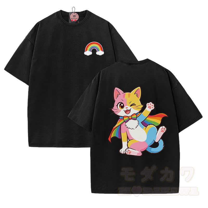 Niedliches Modakawa Vintage-T-Shirt mit Regenbogenkatzen-Motiv aus 100 % Baumwolle (gewaschen). - Schwarz - 5XL - image 1