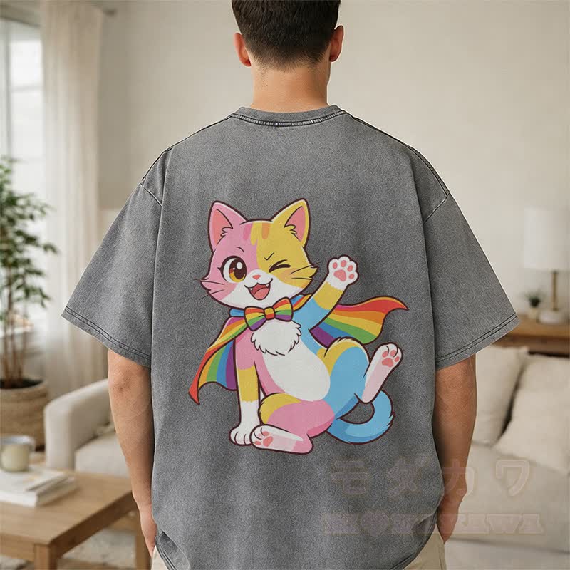 Niedliches Modakawa Vintage-T-Shirt mit Regenbogenkatzen-Motiv aus 100 % Baumwolle (gewaschen). - image 5