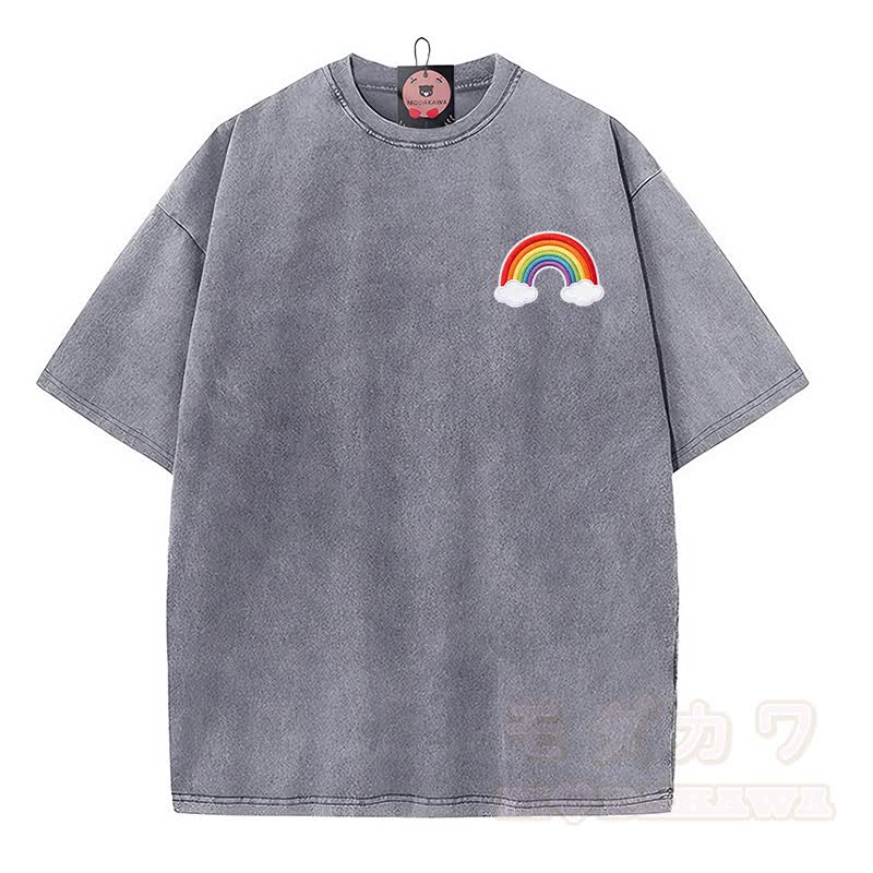 Modakawa Vintage T-Shirt aus 100 % Baumwolle mit Regenbogen-Neunschwänzigem-Fuchs-Motiv, gewaschen - image 3