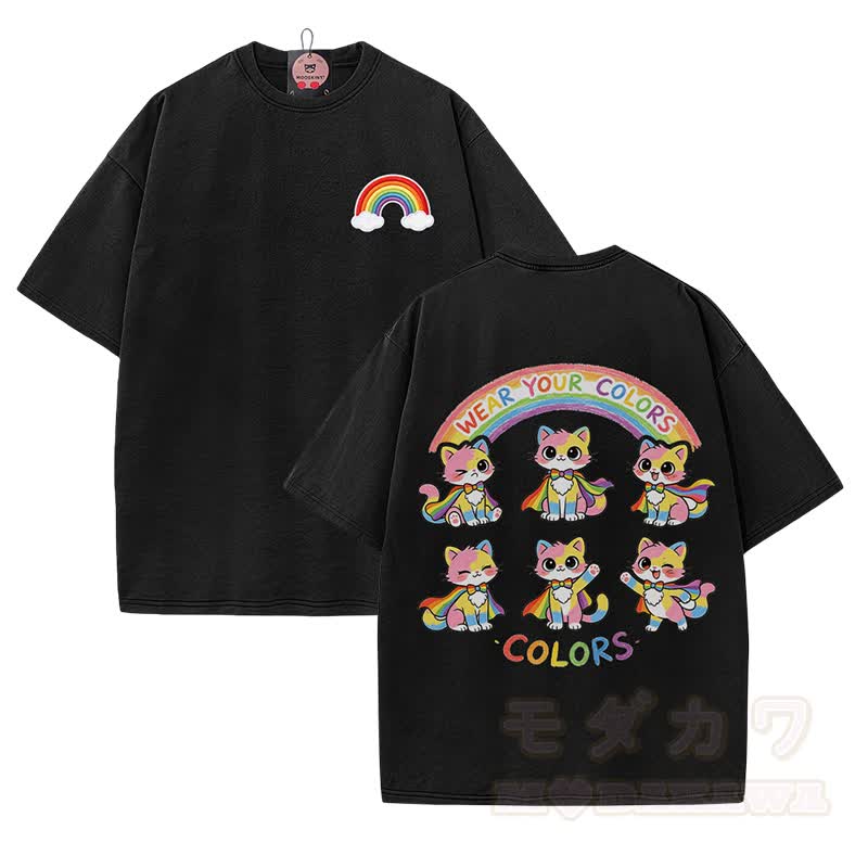 Zeig deine Farben! Modakawa Vintage-T-Shirt aus 100 % Baumwolle mit Regenbogenkatzen-Motiv. - Schwarz - 5XL - image 1