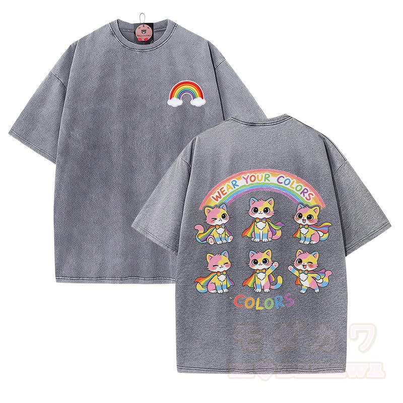 Zeig deine Farben! Modakawa Vintage-T-Shirt aus 100 % Baumwolle mit Regenbogenkatzen-Motiv. - Grau - 5XL - image 2