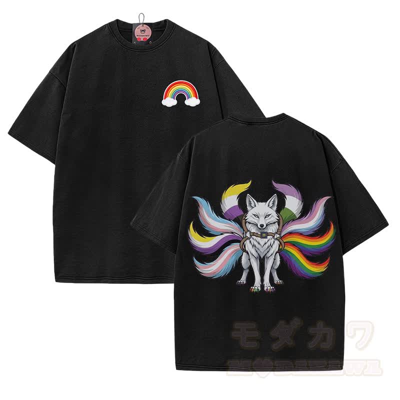 Modakawa Vintage T-Shirt aus 100 % Baumwolle mit Regenbogen-Neunschwänzigem-Fuchs-Motiv, gewaschen - Schwarz - 5XL - image 1