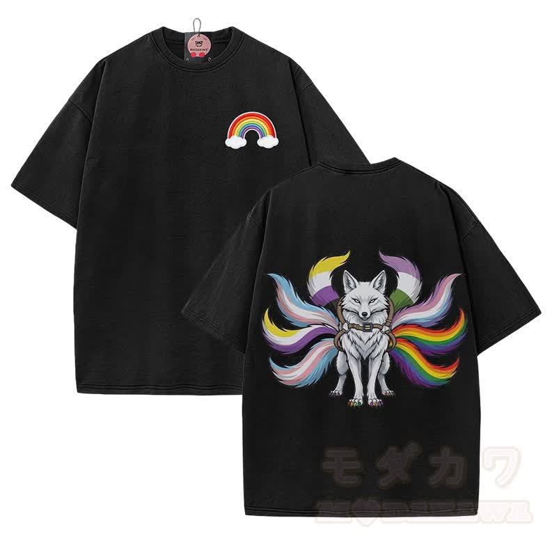 Modakawa Vintage T-Shirt aus 100 % Baumwolle mit Regenbogen-Neunschwänzigem-Fuchs-Motiv, gewaschen - Schwarz - 5XL - image 1