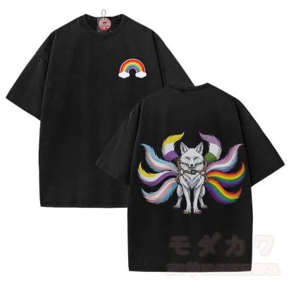 Modakawa Vintage T-Shirt aus 100 % Baumwolle mit Regenbogen-Neunschwänzigem-Fuchs-Motiv, gewaschen - Schwarz - 5XL - image 1