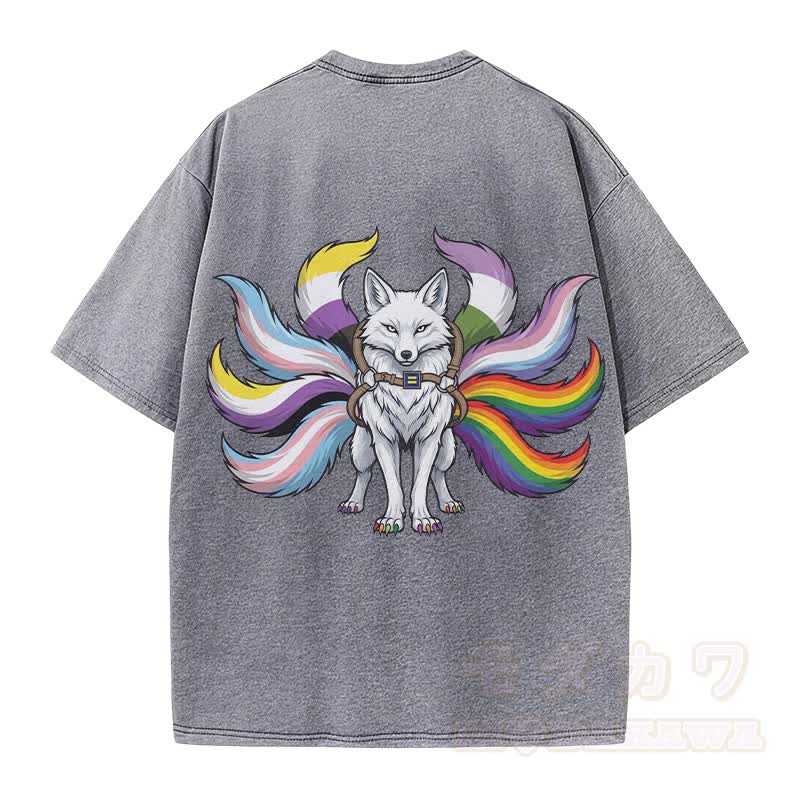 Modakawa Vintage T-Shirt aus 100 % Baumwolle mit Regenbogen-Neunschwänzigem-Fuchs-Motiv, gewaschen - image 4