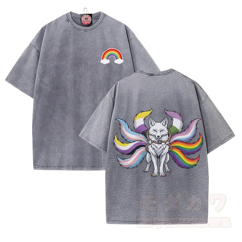 Modakawa Vintage T-Shirt aus 100 % Baumwolle mit Regenbogen-Neunschwänzigem-Fuchs-Motiv, gewaschen - Grau - 5XL - image 2