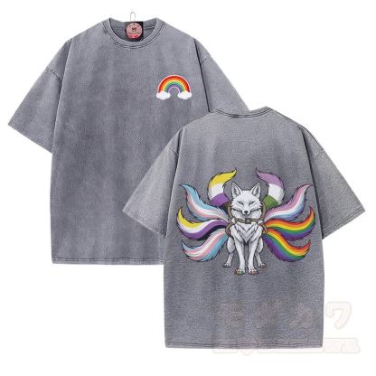Modakawa Vintage T-Shirt aus 100 % Baumwolle mit Regenbogen-Neunschwänzigem-Fuchs-Motiv, gewaschen - Grau - 5XL - image 2