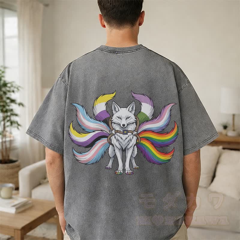 Modakawa Vintage T-Shirt aus 100 % Baumwolle mit Regenbogen-Neunschwänzigem-Fuchs-Motiv, gewaschen - image 5