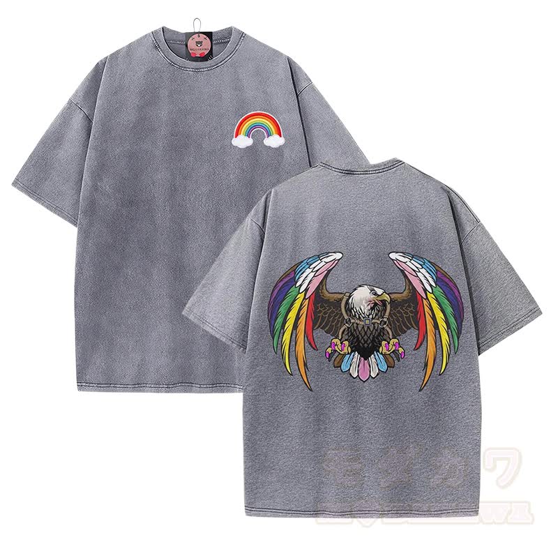 Modakawa Vintage T-Shirt aus 100 % Baumwolle mit Regenbogenadler-Modifikation, gewaschen - Grau - 5XL - image 2
