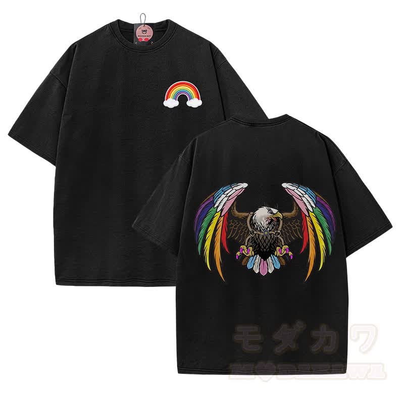 Modakawa Vintage T-Shirt aus 100 % Baumwolle mit Regenbogenadler-Modifikation, gewaschen - Schwarz - 5XL - image 1