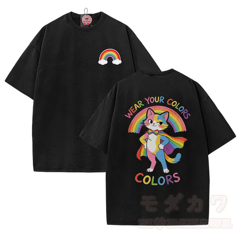 Zeig deine Farben! Modakawa Vintage-T-Shirt aus 100 % Baumwolle mit Regenbogenkatzen-Motiv. - Schwarz - 5XL - image 2