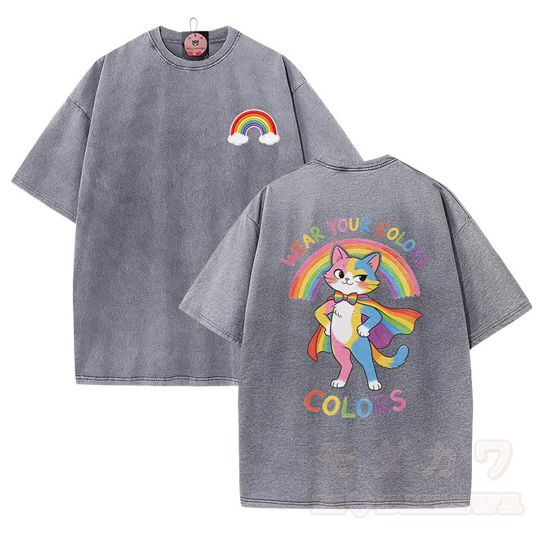 Zeig deine Farben! Modakawa Vintage-T-Shirt aus 100 % Baumwolle mit Regenbogenkatzen-Motiv. - Grau - 5XL - image 1