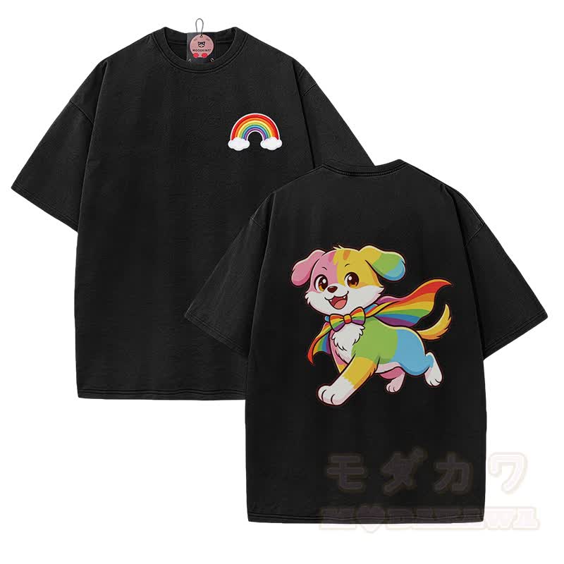 Modakawa Vintage T-Shirt mit Regenbogenwelpen-Motiv, gewaschen aus 100 % Baumwolle - Schwarz - 5XL - image 2