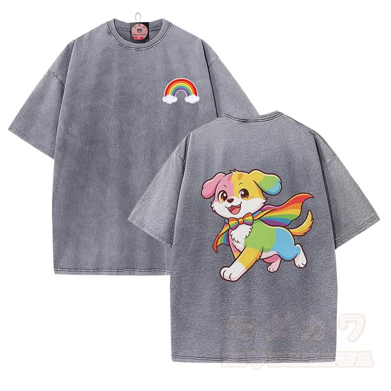 Modakawa Vintage T-Shirt mit Regenbogenwelpen-Motiv, gewaschen aus 100 % Baumwolle - Grau - 5XL - image 1