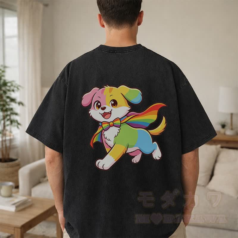 Modakawa Vintage T-Shirt mit Regenbogenwelpen-Motiv, gewaschen aus 100 % Baumwolle - image 5