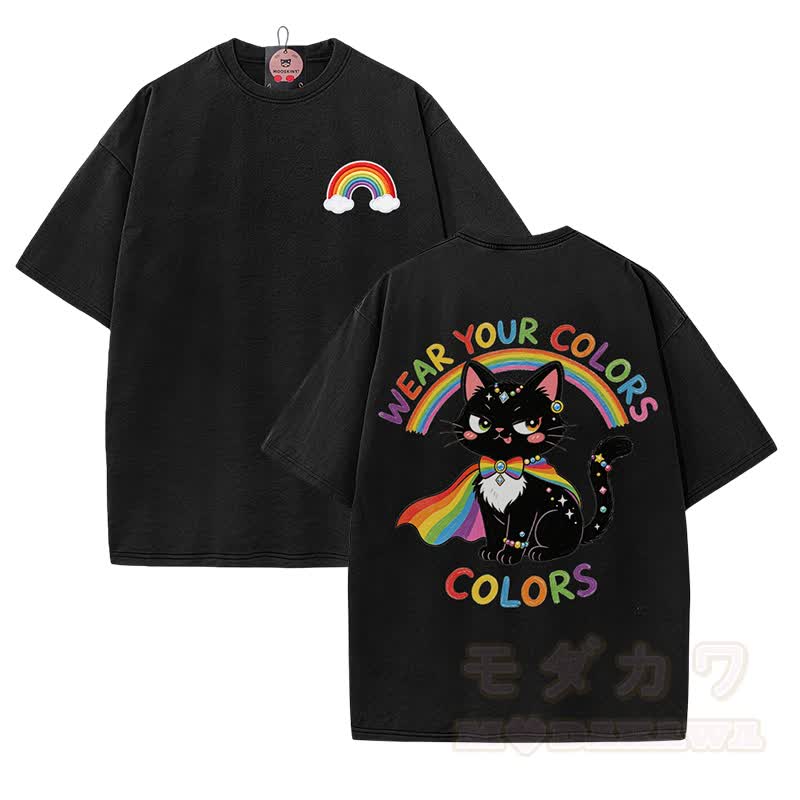 Zeig deine Farben! Regenbogen-Schwarzkatze-Grafik Modakawa Vintage-gewaschenes T-Shirt aus 100 % Baumwolle - Schwarz - 5XL - image 2