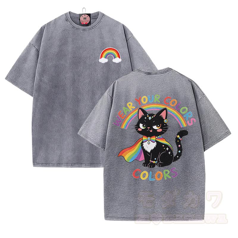 Zeig deine Farben! Regenbogen-Schwarzkatze-Grafik Modakawa Vintage-gewaschenes T-Shirt aus 100 % Baumwolle - Grau - 5XL - image 1