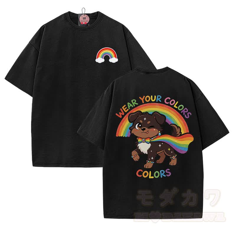 Zeig deine Farben! Modakawa Vintage-T-Shirt aus 100 % Baumwolle mit Regenbogenwelpen-Motiv. - Schwarz - 5XL - image 2