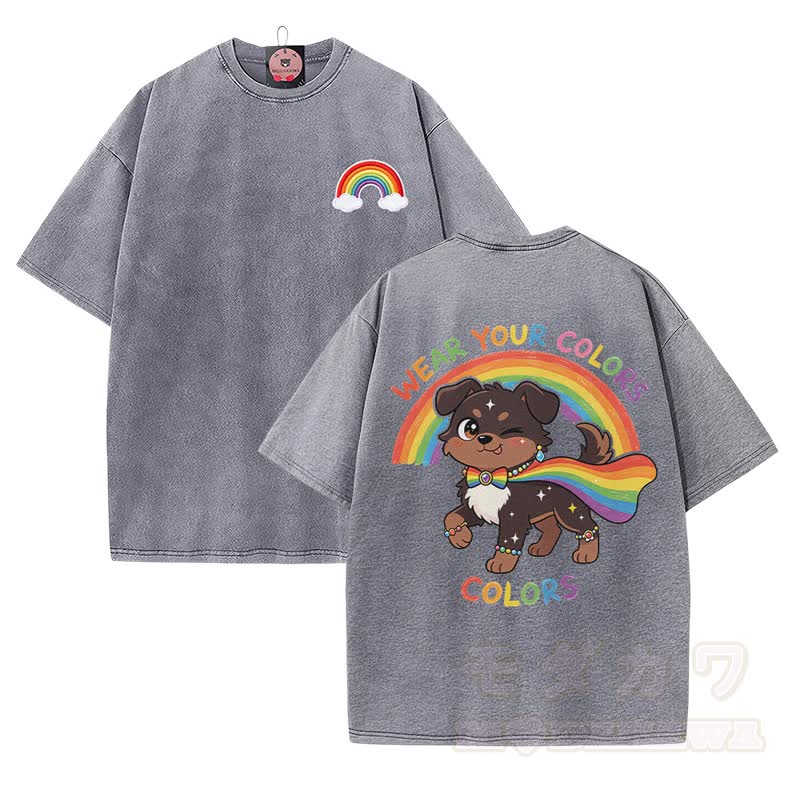 Zeig deine Farben! Modakawa Vintage-T-Shirt aus 100 % Baumwolle mit Regenbogenwelpen-Motiv. - Grau - 5XL - image 1