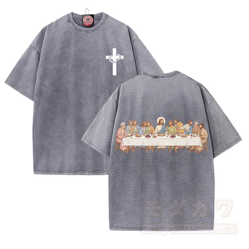 Modakawa Vintage-T-Shirt aus 100 % Baumwolle mit Motiv des Kreuzes vom Letzten Abendmahl - Grau - 5XL - image 2