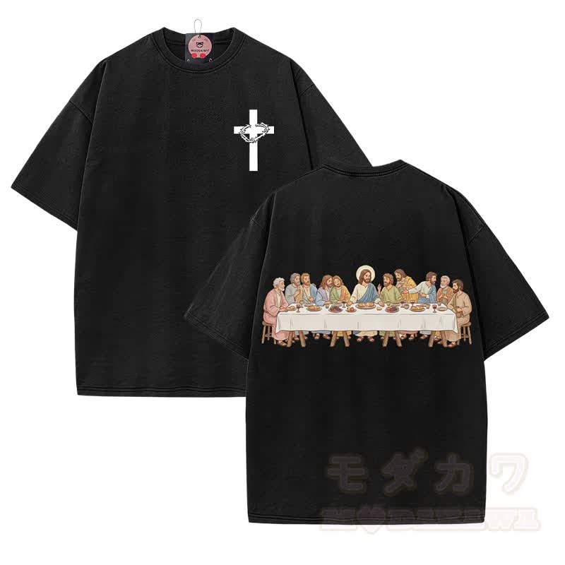 Modakawa Vintage-T-Shirt aus 100 % Baumwolle mit Motiv des Kreuzes vom Letzten Abendmahl - Schwarz - 5XL - image 1