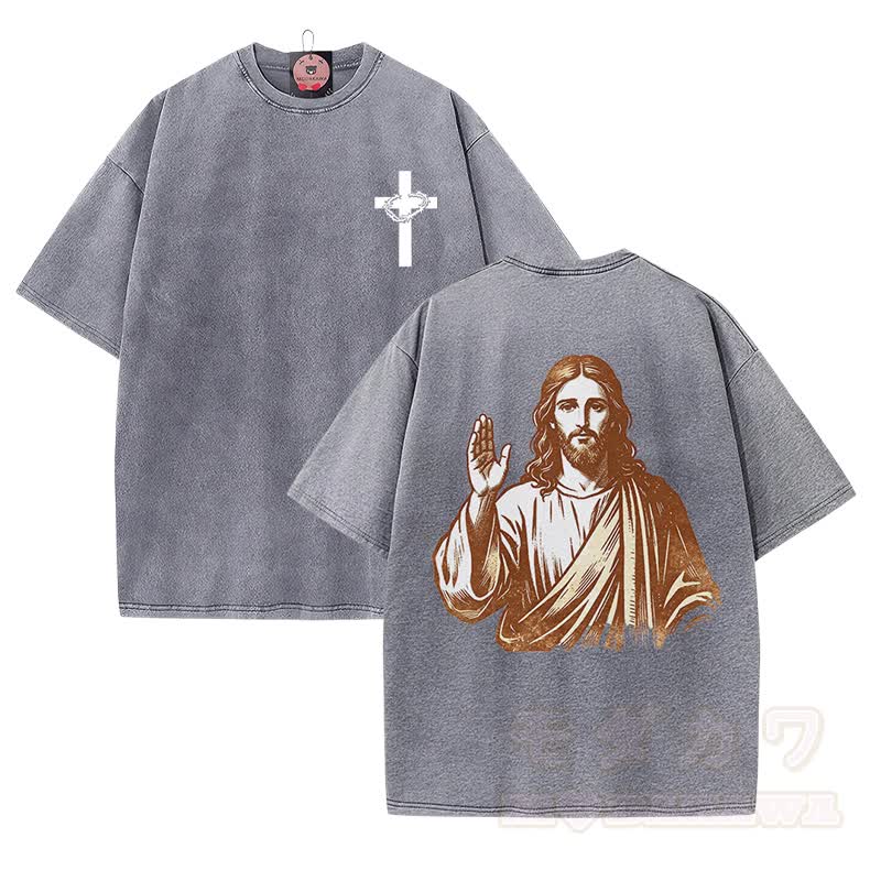 Modakawa Vintage-T-Shirt aus 100 % Baumwolle mit Kreuzporträt-Grafik - Grau - 5XL - image 2