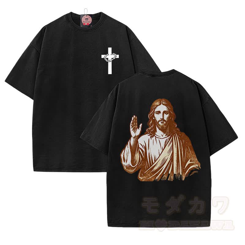 Modakawa Vintage-T-Shirt aus 100 % Baumwolle mit Kreuzporträt-Grafik - Schwarz - 5XL - image 1