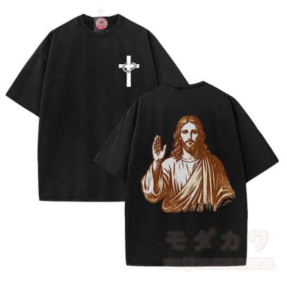 Modakawa Vintage-T-Shirt aus 100 % Baumwolle mit Kreuzporträt-Grafik - Schwarz - 5XL - image 1