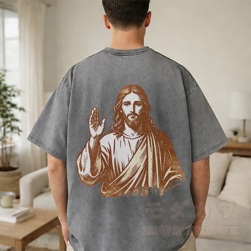 Modakawa Vintage-T-Shirt aus 100 % Baumwolle mit Kreuzporträt-Grafik - image 5