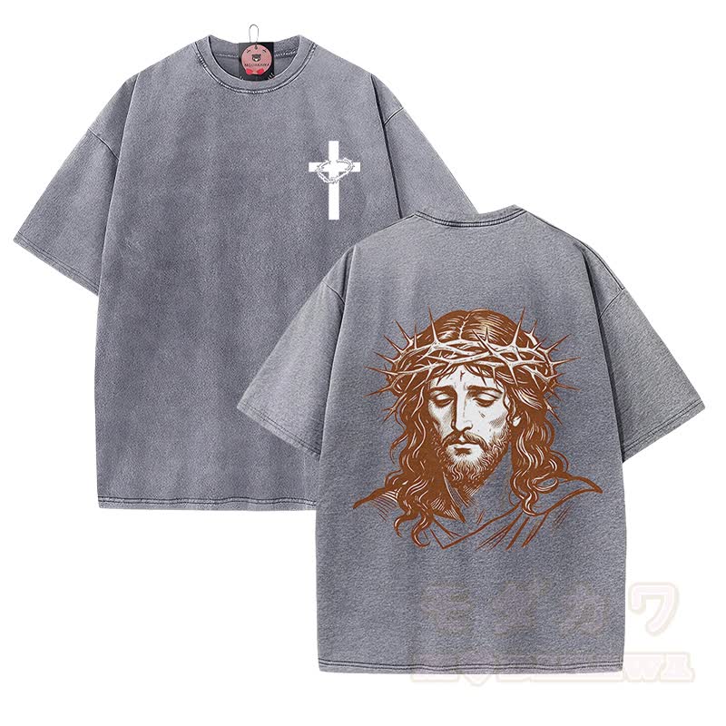 Dornenkrone-Porträtkreuz-Grafik Modakawa Vintage gewaschenes T-Shirt aus 100 % Baumwolle - Grau - 5XL - image 2