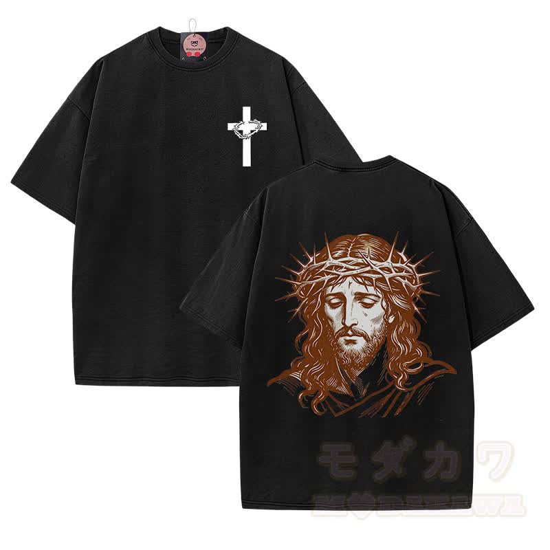 Dornenkrone-Porträtkreuz-Grafik Modakawa Vintage gewaschenes T-Shirt aus 100 % Baumwolle - Schwarz - 5XL - image 1