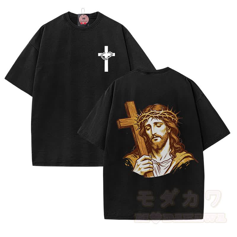 Dornenkrone Kreuz Porträt Grafik Modakawa Vintage gewaschenes T-Shirt aus 100% Baumwolle - Schwarz - 5XL - image 1
