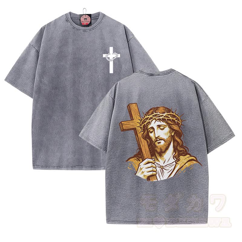 Dornenkrone Kreuz Porträt Grafik Modakawa Vintage gewaschenes T-Shirt aus 100% Baumwolle - Grau - 5XL - image 2