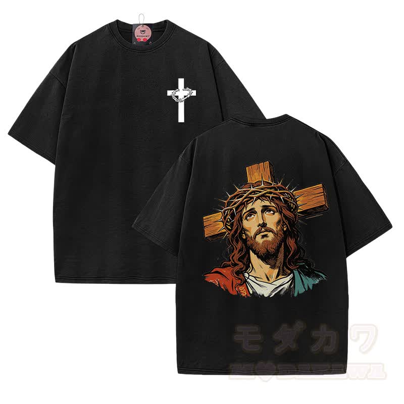 Modakawa Vintage-T-Shirt aus 100 % Baumwolle mit Kronen- und Kreuzmotiv - Schwarz - 5XL - image 2