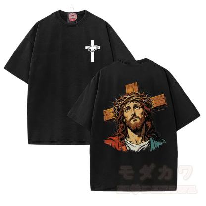 Modakawa Vintage-T-Shirt aus 100 % Baumwolle mit Kronen- und Kreuzmotiv - Schwarz - 5XL - image 2