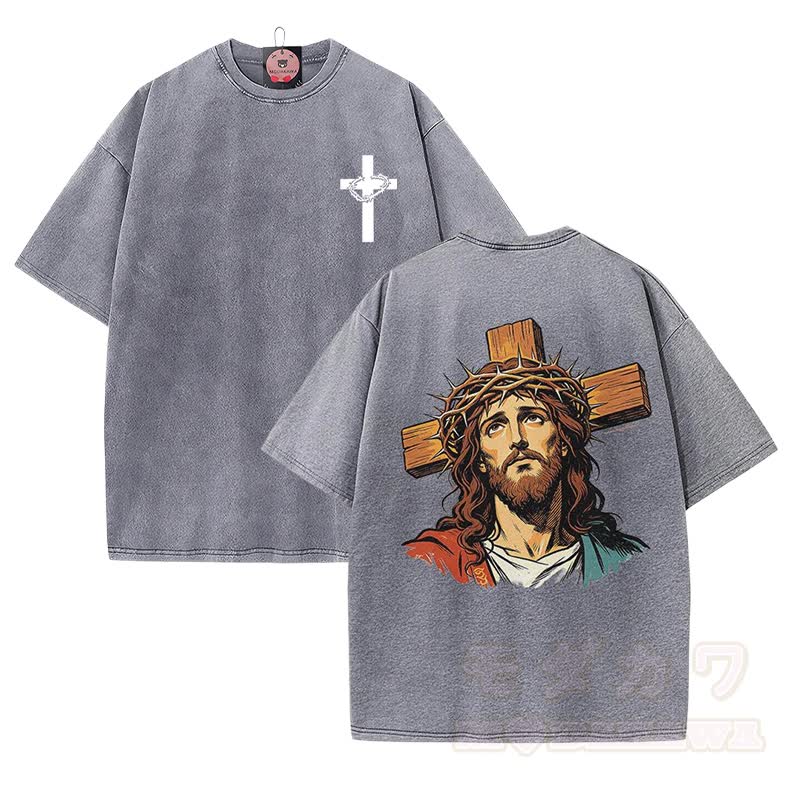 Modakawa Vintage-T-Shirt aus 100 % Baumwolle mit Kronen- und Kreuzmotiv - Grau - 5XL - image 1