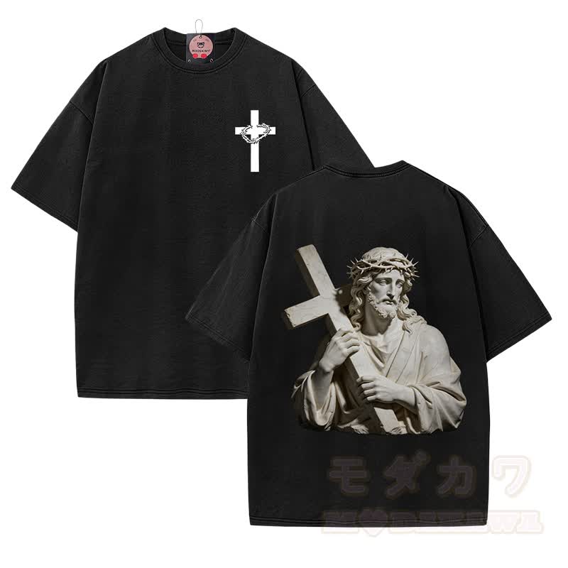 Modakawa Vintage T-Shirt mit Kreuzstatue-Motiv, gewaschen aus 100 % Baumwolle - Schwarz - 5XL - image 2