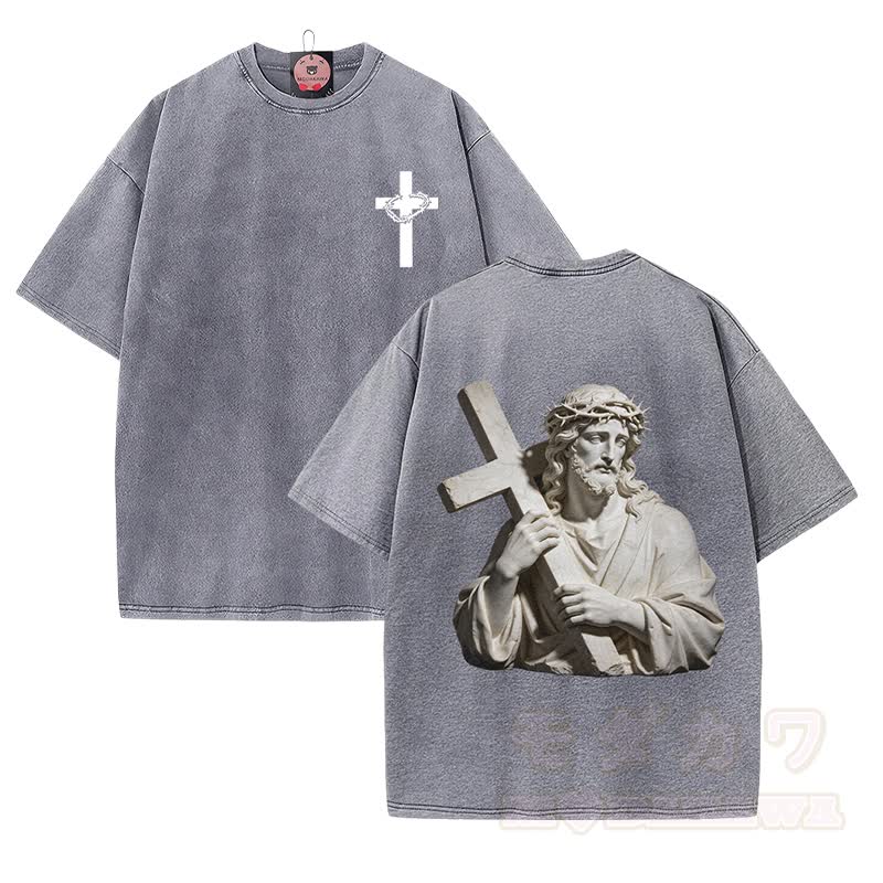 Modakawa Vintage T-Shirt mit Kreuzstatue-Motiv, gewaschen aus 100 % Baumwolle - Grau - 5XL - image 1