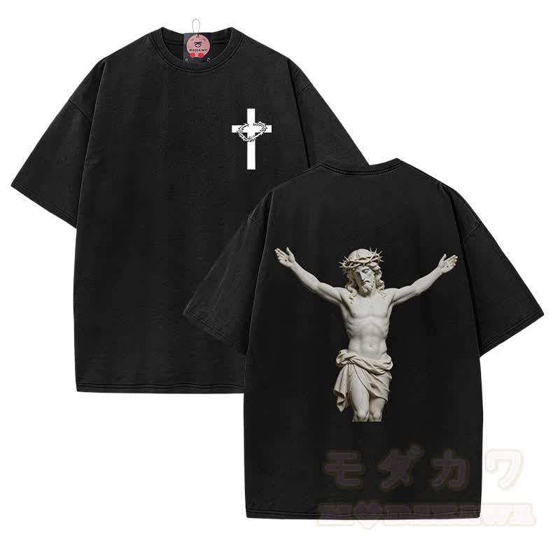Modakawa Vintage T-Shirt aus 100 % Baumwolle mit Kreuzmotiv und heiliger Statue - Schwarz - 5XL - image 2