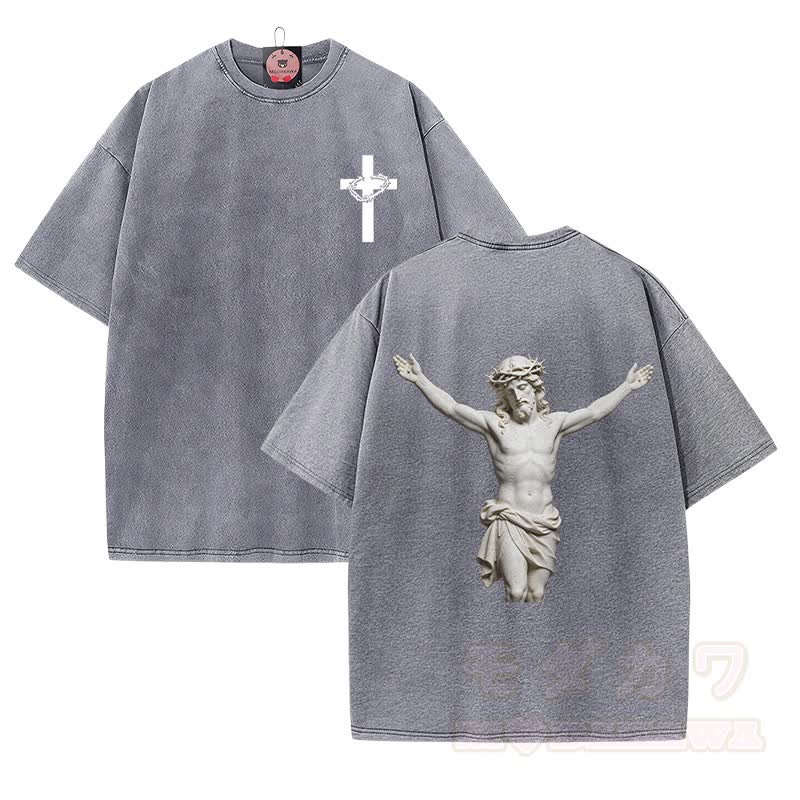 Modakawa Vintage T-Shirt aus 100 % Baumwolle mit Kreuzmotiv und heiliger Statue - Grau - 5XL - image 1
