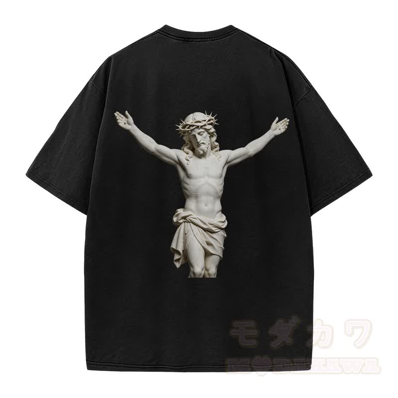Modakawa Vintage T-Shirt aus 100 % Baumwolle mit Kreuzmotiv und heiliger Statue - image 4