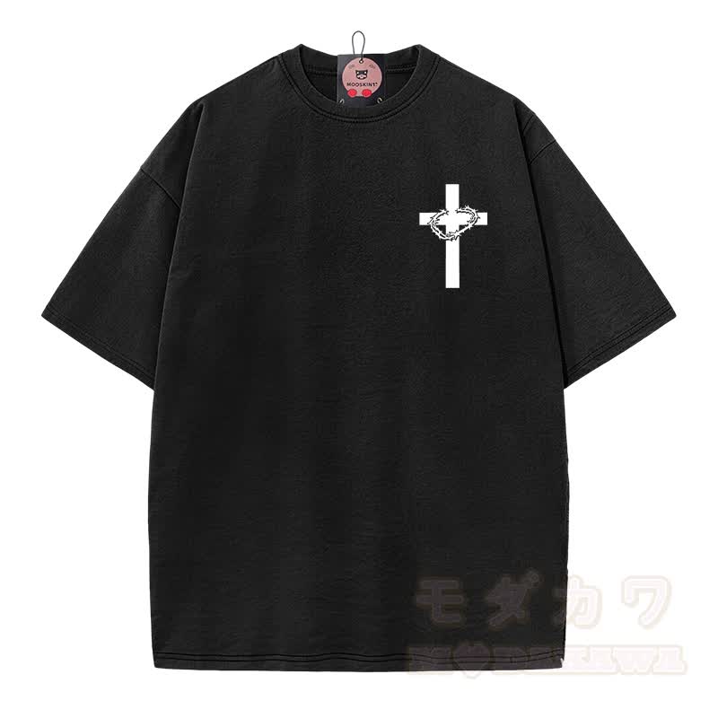 Modakawa Vintage T-Shirt mit Kreuzstatue-Motiv, gewaschen aus 100 % Baumwolle - image 3