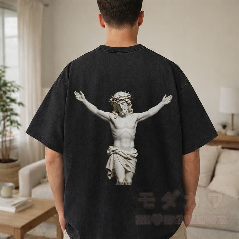 Modakawa Vintage T-Shirt aus 100 % Baumwolle mit Kreuzmotiv und heiliger Statue - image 5