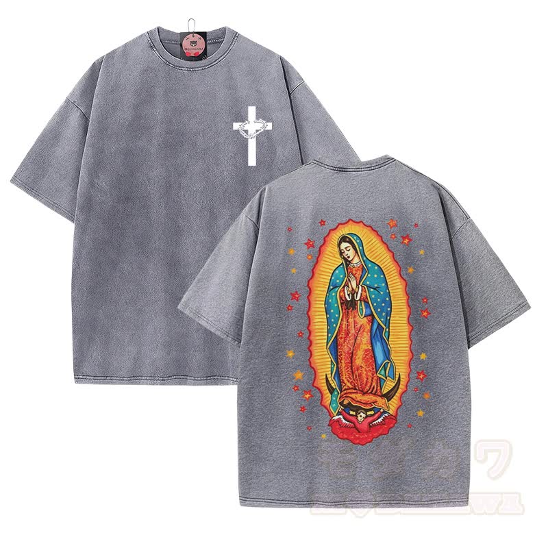 Modakawa Vintage-T-Shirt aus 100 % Baumwolle mit Kreuzmotiv der Heiligen Jungfrau - Grau - 5XL - image 2
