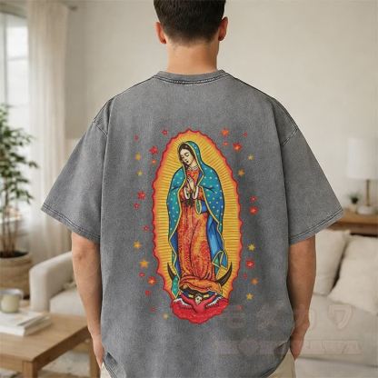 Modakawa Vintage-T-Shirt aus 100 % Baumwolle mit Kreuzmotiv der Heiligen Jungfrau - image 5