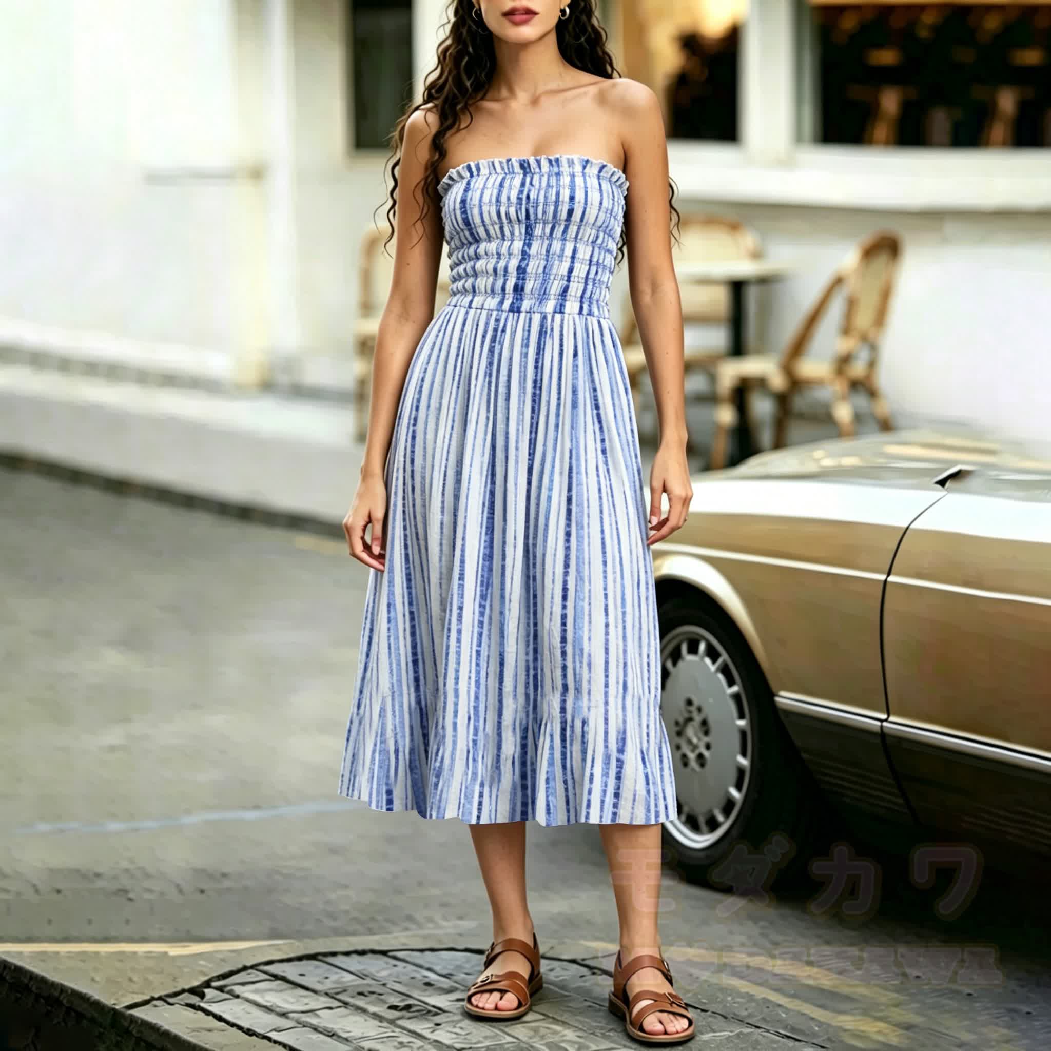 2-in-1-Kleid, blau-weiß gestreift, gerafft, trägerlos, Midi-Länge - image 2